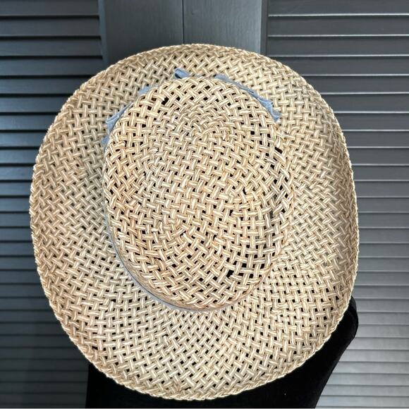 Imperial “Vail” Straw Hat in White and Tan with Blue Chambray Band and Bow, OSFM - Picture 3 of 10